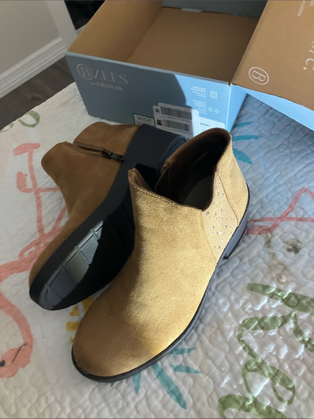 Bzees Tan Suede Ankle Booties with Studded Heel Panel